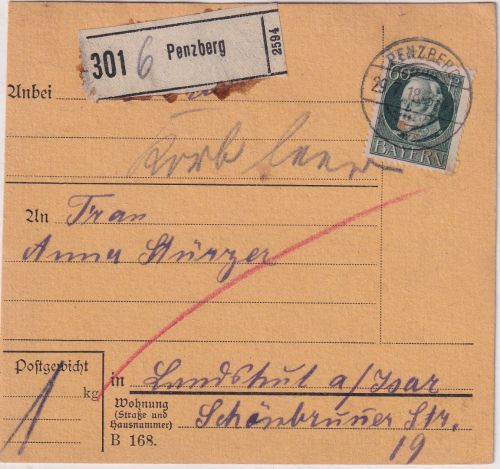 Bayern - 60 Pfg. Ludwig Paketkarte Penzberg - Landshut 1918