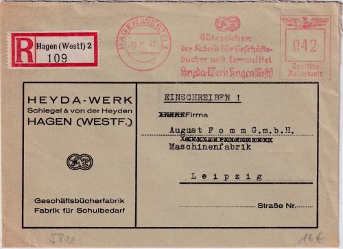 DR - Hagen 1942 42 Pfg. AFS "Heyda-Werk" Einschreibebrief n. Leipzig