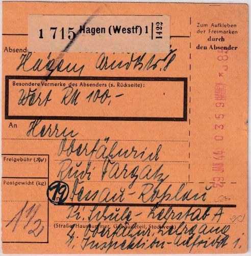DR - Hagen 1944 85 Pfg. Registrierkassenstpl. Wertpaketkarte n. Dessau