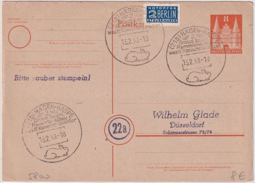 Bizone - Hagen Haspe SST Kanninchenzüchter 1949 Ganzsache n. Düssledorf