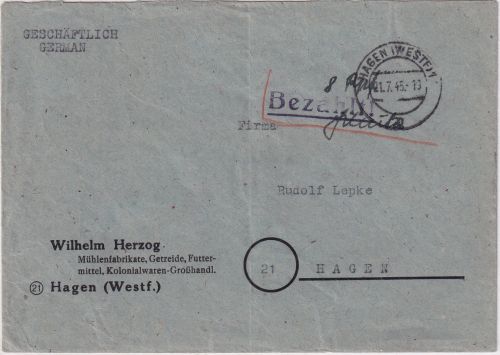 All.Bes. - Hagen (Westf.) (RPD Dortmund) 21.7.45 L1 Bezahlt Ortsbrief