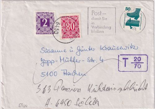BRD - 50 Pfg. UV Brief Hagen - Aachen 1977 Nachsendung ÖSTERREICH