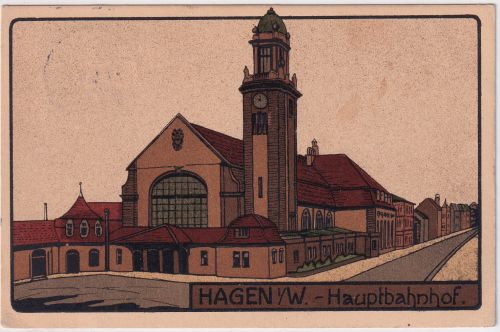 NRW - Hagen (Westf.) Bahnhof farb. Steindruck-AK gelaufen 1912