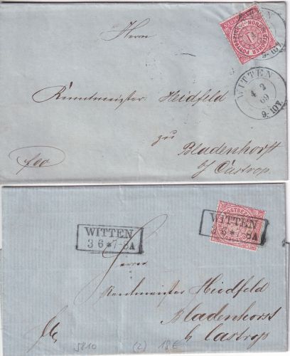 NDP - Witten Ra2 (1870) + K2 (1869) je auf 1 Gr. Brief - beide n. Bladenhorst