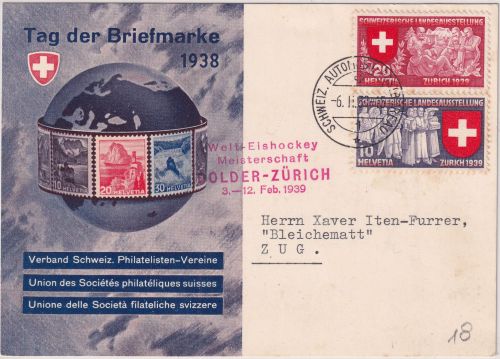 Schweiz - Eishockey WM Dolder Zürich 1939 Nebenstpl Schmuckkarte T.d. Briefmarke