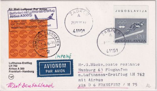 Jugoslawien - 3,20 Din. Skispringer Zuleitung LH-Erstflug FFM Hamburg 1976
