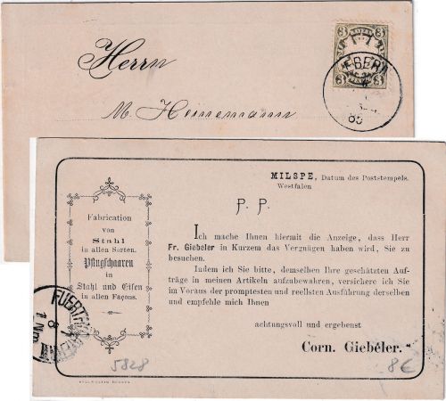 Bayern - 3 Pfg. Wappen Vertreteravis/Drucksache Ebern/Milspe - Fürth 1885