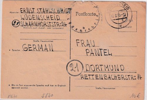 All.Bes./BZ - 6 Pfg. Behelfsganzsache Lüdenscheid - Dortmund 10.8.45