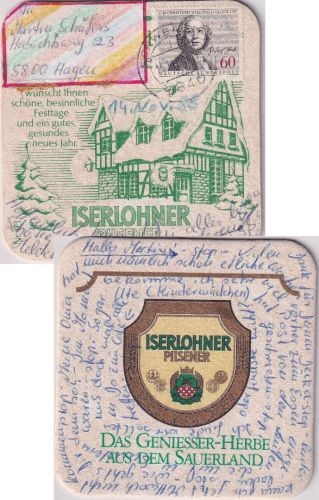 BRD - Schwerte 1988 Bierdeckel-Karte "Iserlohner Pilsener" n. Hagen