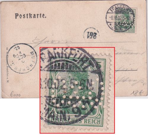 DR - 5 Pfg. Germania Perfin "O&Q" AK Schillerstraße n. München 1902