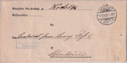 DR - Höchst 1908 Frei lt. Avers No.21 (Amtsgericht) Brief n. Sossenheim