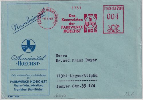 Bizone - Frankfurt a/M 1949 4 Pfg. AFS "Farbwerke Hoechst" illustr. Drucksache