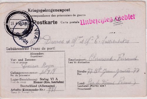DR - Kriegsgefangenenkarte Stalag VIA (Hemer Kr. Iserlohn) n. FRANKREICH 1942