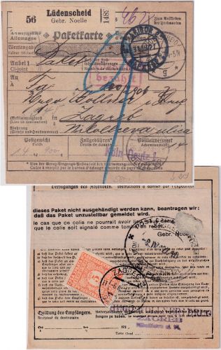 DR - Lüdenscheid 1927 Paketkarte (Selbstbucher Gebr. Noelle) n. JUGOSLAWIEN