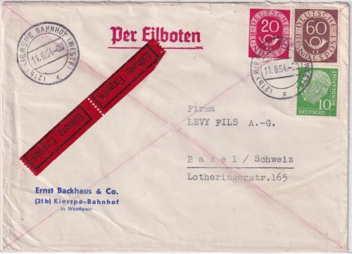 BRD - 60+20+10 Pfg. Posthorn/Heuss Eilbrief i.d. SCHWEIZ Kierspe Bahnhof 1954