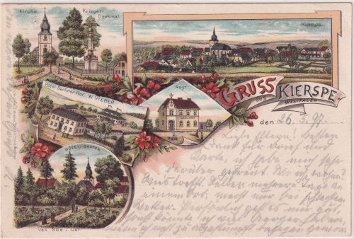 NRW - Kierspe Post Hotel Kriegerdenkmal etc. farb. Mehrbildlitho gelaufen 1897