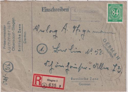 All.Bes. - Obersdorf apr. Landpost-Ra2 Einschreibebrief Siegen - Berlin 1947