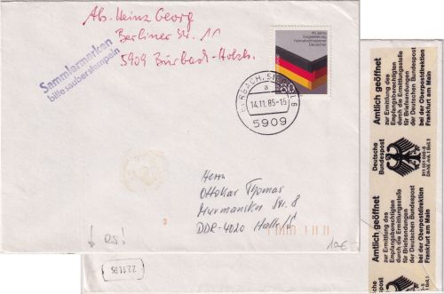 BRD/Postkrieg - "Amtlich geöffnet" Verschlussstreifen Brief Burbach - Halle 1985