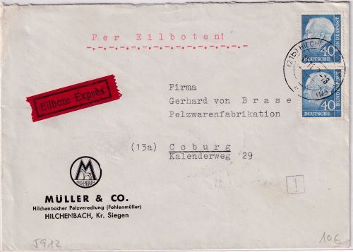 BRD - 2x40 Pfg. Heuss II Eilbrief Hilchenbach - Coburg 1957