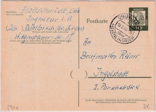 BRD - (21b) Dahlbruch ü. Kreuztal Poststelle Ganzsache n. Ingolstadt 1962