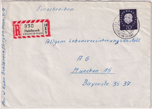 BRD - (21b) Dahlbruch ü. Kreuztal Poststelle Einschreibebrief n. München 1960