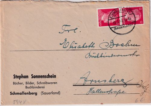 DR - Schmallenberg (Sauerland) Tagesstpl. 2x12 Pfg. AH Brief n. Arnsberg 1943
