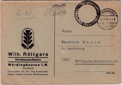 All.Bes. - Würdinghausen PA-Negativsiegel + L1 Bezahlt Brief n. Göttingen 1946