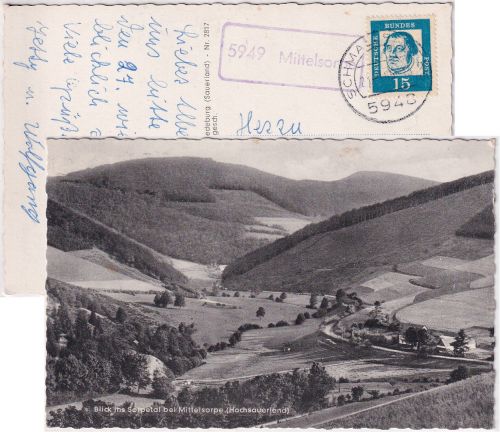 BRD - 5949 Mittelsorpe Poststelle I Ra1 AK Sorpetal b. Mittelsorpe 1963