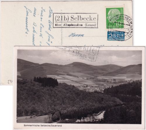 BRD -(21b) Selbecke ü. Altenhundem Landpost-Ra2 Ansichtskarte n. Castrop-R. 1955