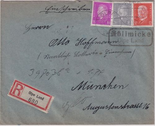DR - Möllmicke Olpe Land Landpost-Ra2 Einschreibebrief n. München 1932