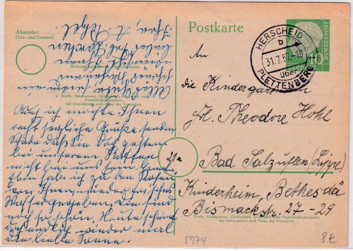 BRD - Herscheid ü. Plettenberg Poststelle I Ganzsache n. Bad Salzuflen 1957