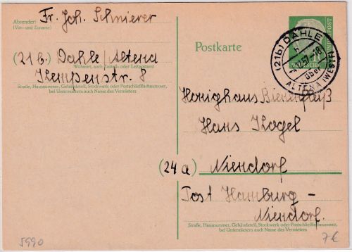 BRD - (21b) Dahle ü. Altena Poststelle I Ganzsache n. Niendorf 1957