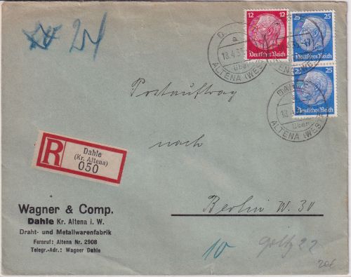 DR - 2x25+12 Pfg. Hindenburg Einschreiben/Postauftrag Dahle ü. Altena 1935