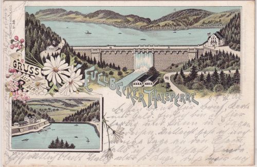NRW - Altena Fuelbecker Thalsperre Mehrbild-Farblitho gelaufen 1897