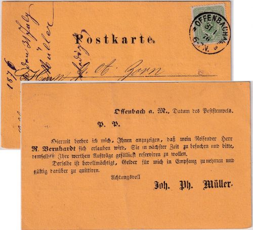 DR - 3 PfgE. Drucksachenkarte/Reisevertreteravis Offenbach - Uettingen 1876