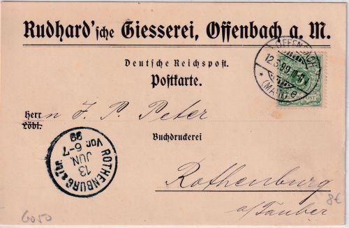 DR - Offenbach (Main) 1899 Firmenkarte Rudhard'sche Giesserei n. Rothenburg