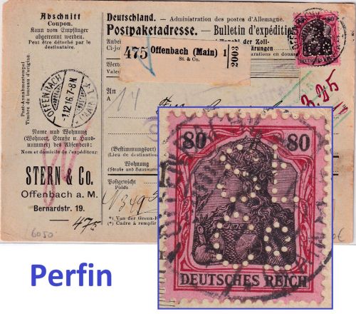 DR - 80 Pfg. Germania Perfin "StCo" Paketkarte i.d. SCHWEIZ Offenbach a/M 1916