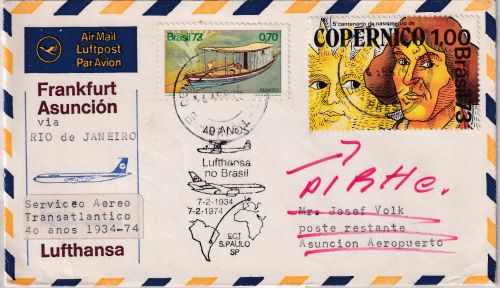 Brasilien - 1 Cr. 500. Geb. Kopernikus u.a. Luftpostbrief n. PARAGUAY 1974