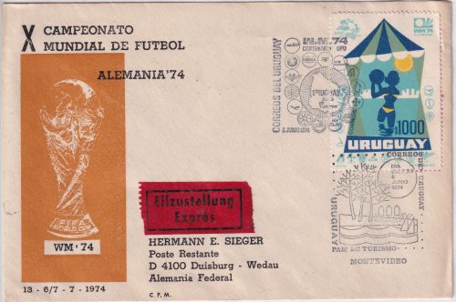 Uruguay - 1000 P. Tourismus Lupo-Eilbrief/Fussball-WM-Sonderflug Montevideo 1974