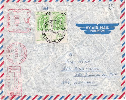 Israel - 2x0,3£ Freimarken Luftpost-Einschreibebrief tel Aviv - Adelsberg 1965