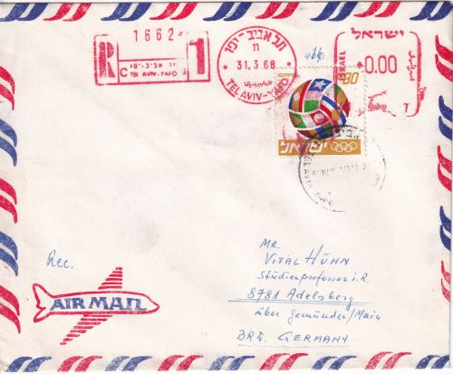 Israel - 80 A. Fussball Luftpost-Einschreibebrief tel Aviv - Adelsberg 1965