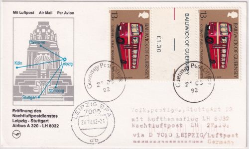 Guernsey - 13 P. Autobus Zwischenstegpaar Zuleitungspost LH-Erstflug 1992
