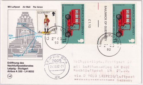 Guernsey - 11 P. Autobus Zwischenstegpaar u.a. Zuleitungspost LH-Erstflug 1992
