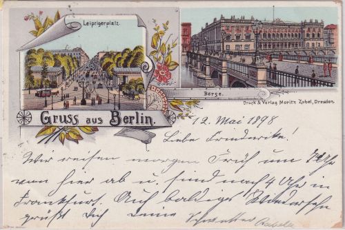 Berlin - Börse Leipziger Platz farb. Merhbildlitho gelaufen 1898