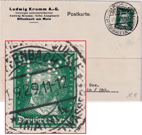DR - 8 Pfg. Beethoven Perfin "LK" Firmenkarte Offenbach a/M - Weilheim 1929