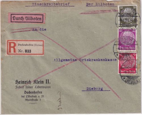 DR - 40+30+12 Pfg. Hindenburg Eil-Einschreibebrief Dudenhofen - Dieburg 1935