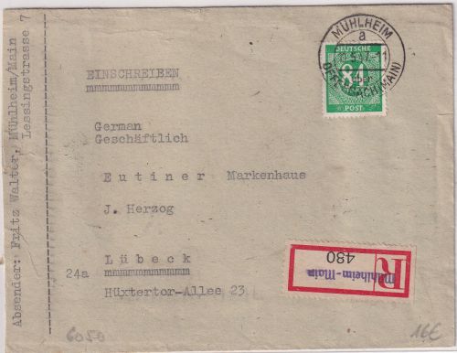 All.Bes. - Mühlheim ü. Offenbach 1947 Poststelle I Einschreibebrief n. Lübeck