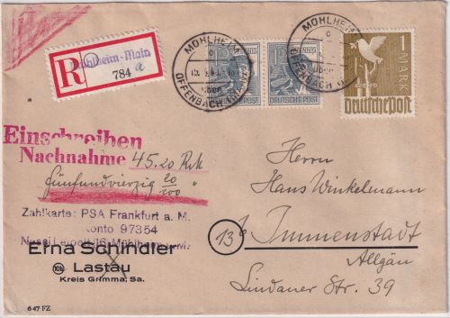 All.Bes. - Mühlheim ü. Offenbach 1948 Poststelle I Nachnahme-Einschreibebrief