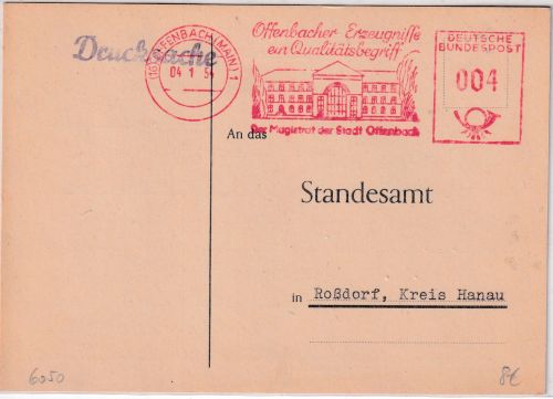 BRD - Offenbach a/M 1954 4 Pfg. AFS "Magistrat" Drucksachenkarte n. Roßdorf