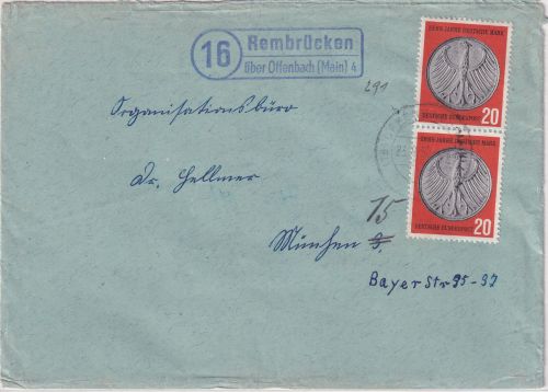 BRD - (16) Rembrücken ü. Offenbach a/M 4 Landpost-Ra2 Brief n. München 1958